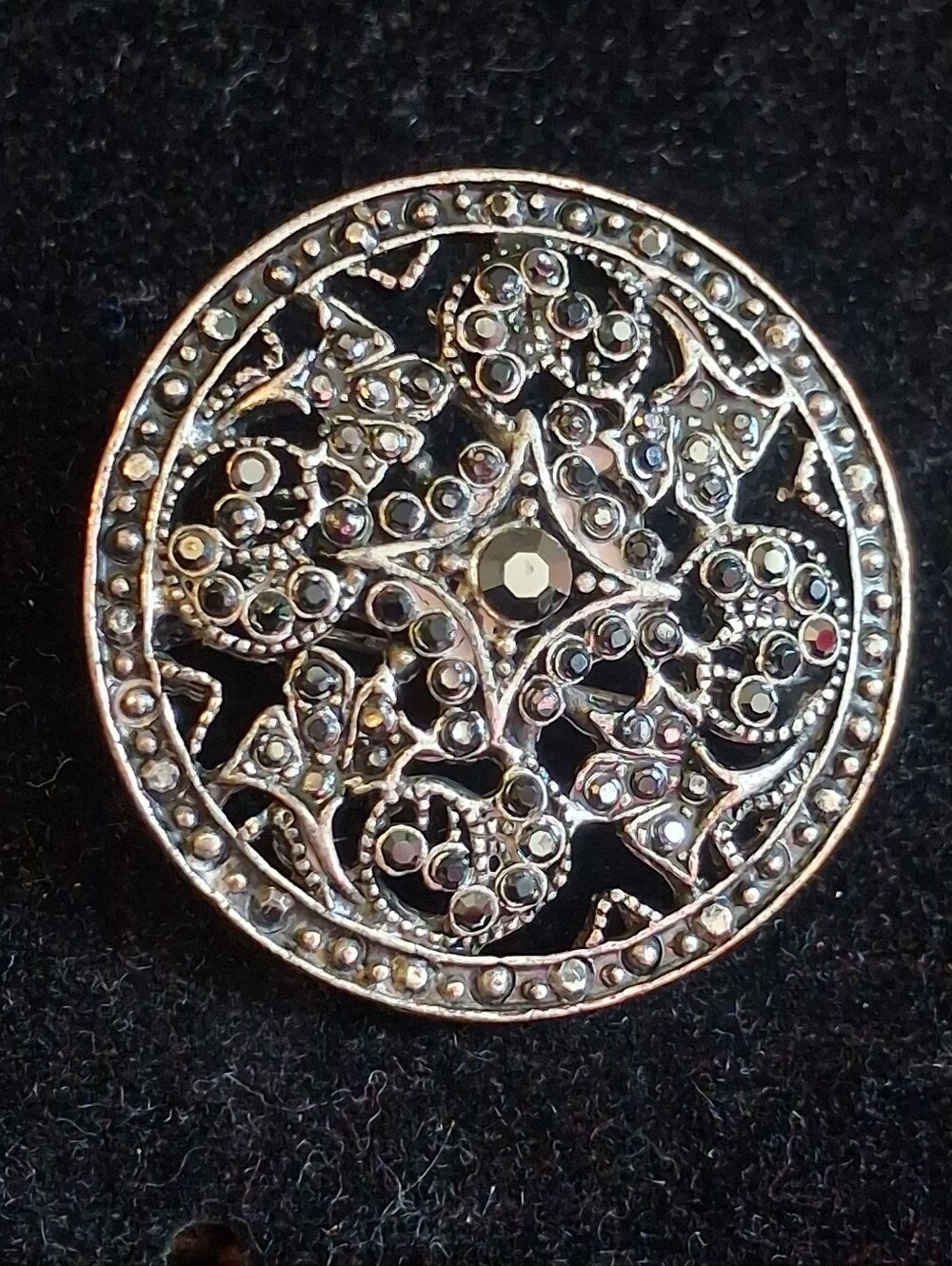 Filigree Round Faux Marcasite Accent Brooch — Silver